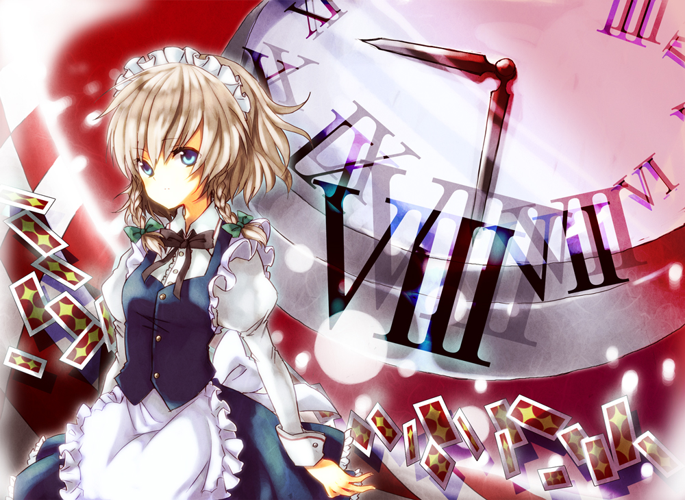 miya (tsumazukanai), izayoi sakuya, touhou, silver hair, bad id, bad pixiv id, 1girl, blue eyes, braid, clock, female focus, floating card, maid, ribbon, roman numeral, short hair, solo, twin braids