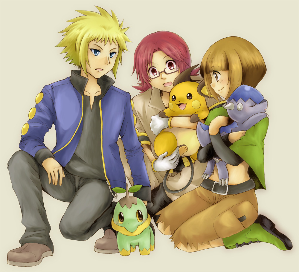 star light, cranidos, gardenia (pokemon), raichu, roark (pokemon), turtwig, volkner (pokemon), nintendo, pokemon, pokemon dppt, bad id, bad pixiv id, 00s, 1girl, 2boys, blonde hair, blue eyes, boots, brown eyes, brown hair, capelet, gen 1 pokemon, gen 4 pokemon, glasses, green boots, green capelet, gym leader, midriff, multiple boys, pokemon (creature), red eyes, red hair