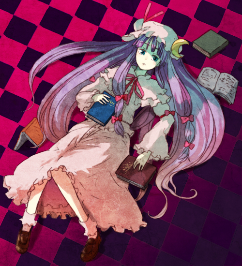 dabo mizuiromaka, patchouli knowledge, touhou, 1girl, blue eyes, book, female focus, hair ribbon, hat, long hair, purple hair, ribbon, solo