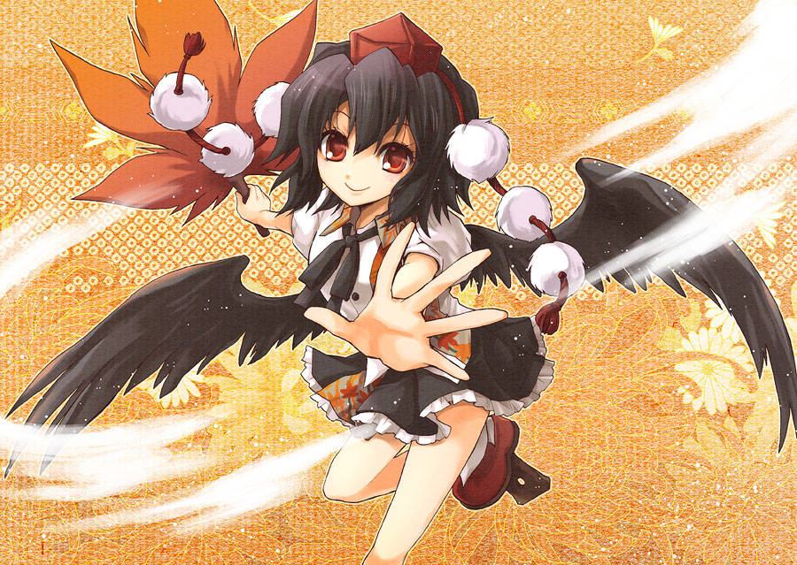 yamadori ofuu, shameimaru aya, touhou, jpeg artifacts, 1girl, black hair, black wings, female focus, foreshortening, geta, hand fan, hat, holding, holding fan, outstretched arm, outstretched hand, red eyes, short hair, smile, solo, tengu-geta, tokin hat, wind, wings
