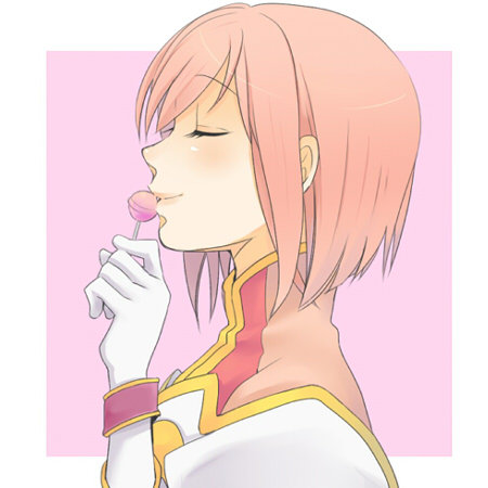 karuha, estellise sidos heurassein, tales of (series), tales of vesperia, bad id, bad pixiv id, lowres, 00s, 1girl, candy, closed eyes, female focus, food, gloves, lollipop, pink hair, short hair, smile, solo