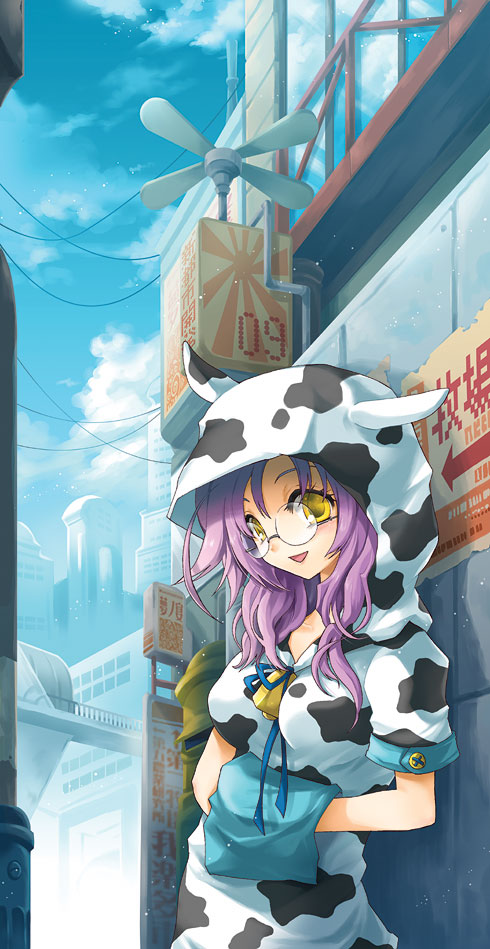yamadori ofuu, original, bad id, bad pixiv id, 1girl, animal costume, animal print, bell, cow costume, cow print, female focus, glasses, purple hair, solo, yellow eyes