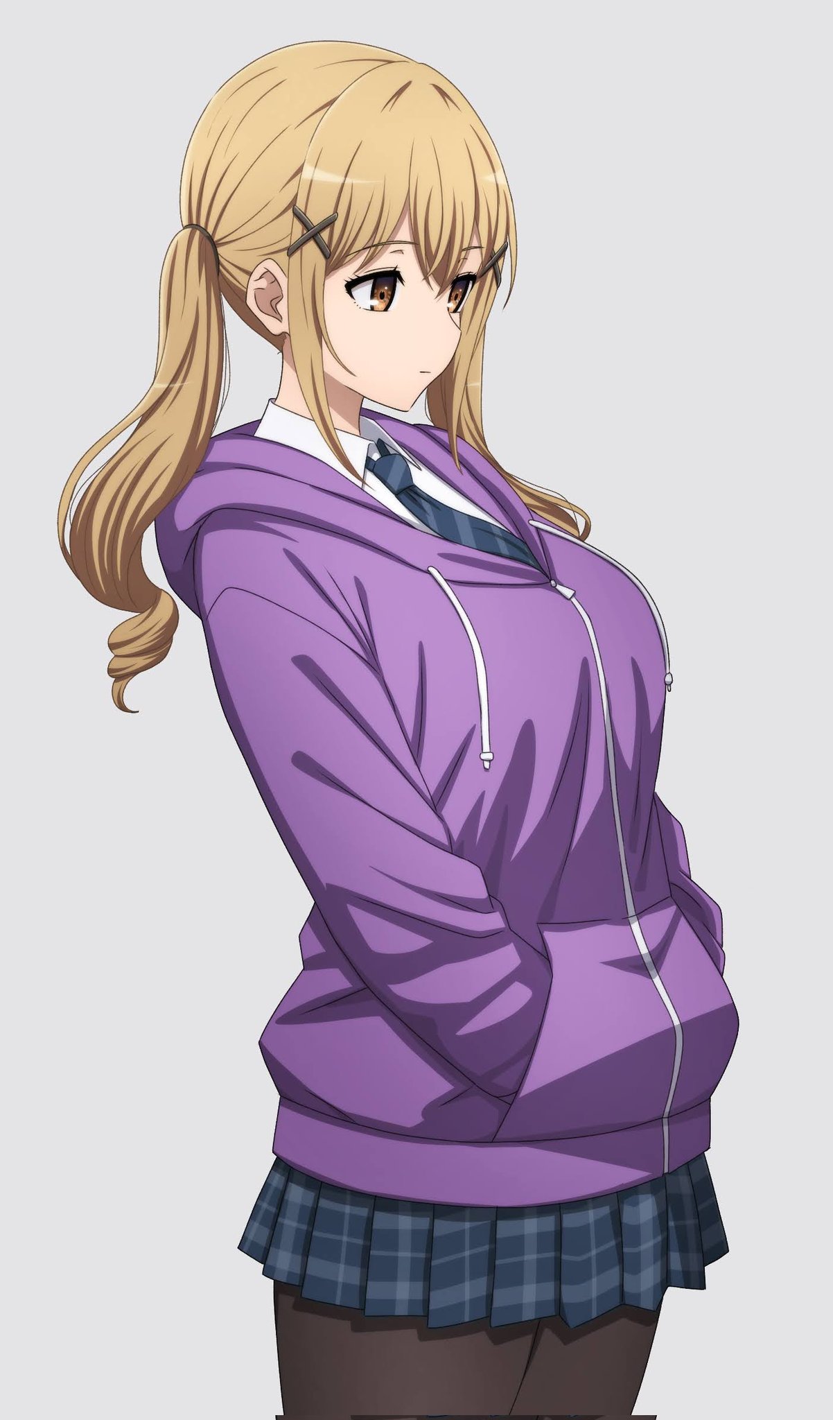 noshimurin, ichigaya arisa, bang dream!, commentary, corrupted twitter file, highres, 1girl, black pantyhose, blue necktie, blue skirt, breasts, brown eyes, brown hair, cowboy shot, diagonal-striped clothes, diagonal-striped necktie, grey background, hair ornament, hands in pockets, hood, hood down, hooded jacket, jacket, large breasts, long hair, necktie, official alternate costume, pantyhose, pleated skirt, purple jacket, shirt, sidelocks, simple background, skirt, solo, striped clothes, twintails, white shirt, x hair ornament