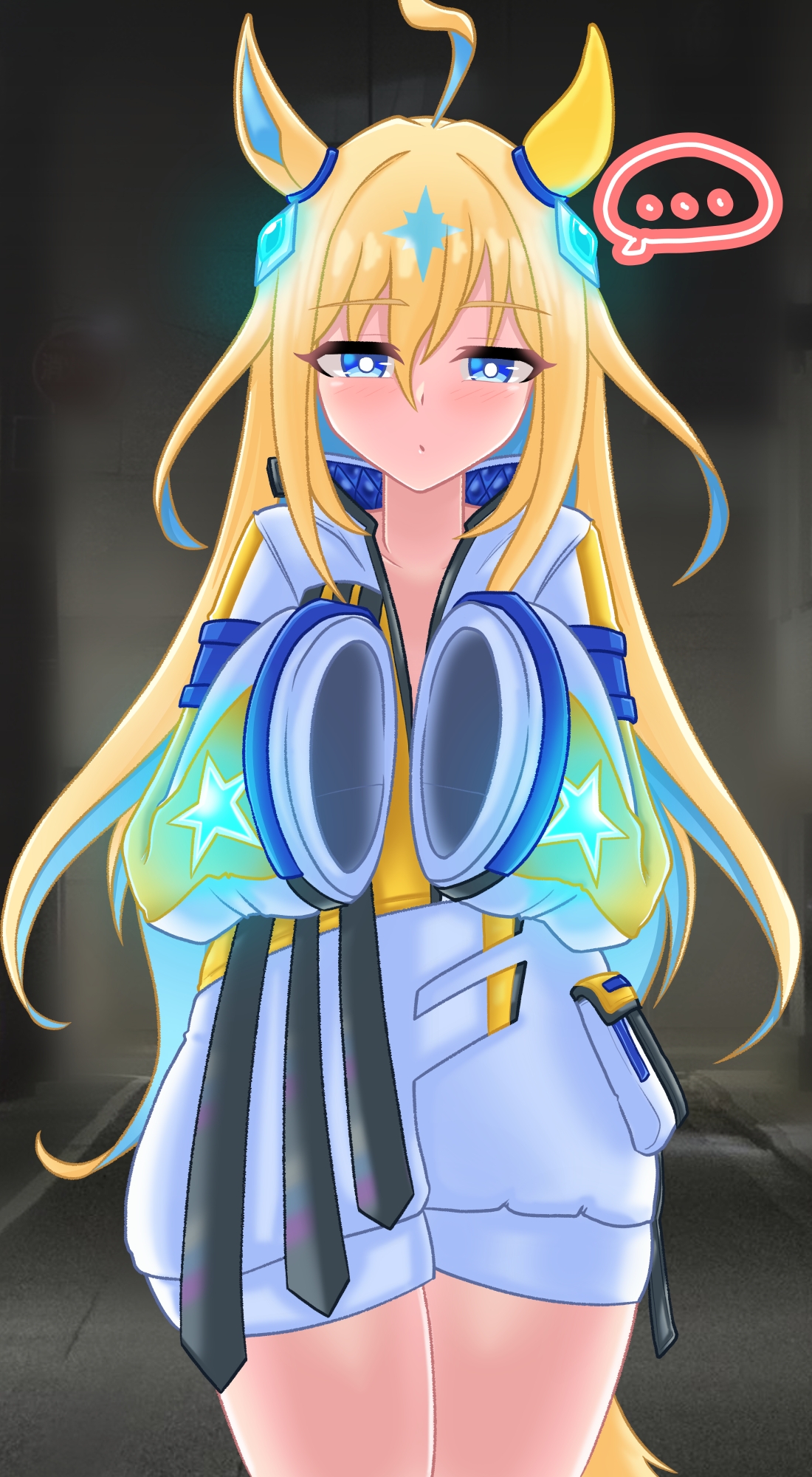 cwarock, neo universe (umamusume), umamusume, commentary request, highres, …, 1girl, ahoge, animal ears, blue eyes, blush, breasts, collarbone, hair between eyes, hair ornament, horse ears, horse girl, jacket, long hair, long sleeves, multicolored hair, naked jacket, pov, simple background, solo, two-tone hair