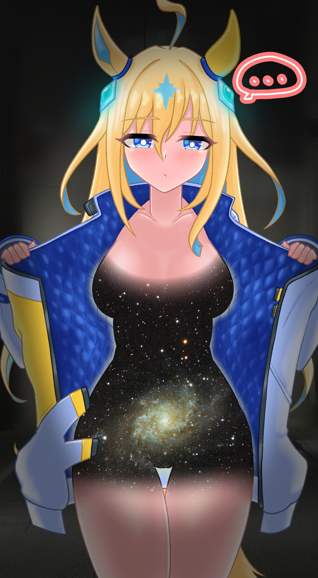 cwarock, neo universe (umamusume), umamusume, commentary request, highres, …, 1girl, a world underneath, ahoge, animal ears, blue eyes, blush, breasts, coat, collarbone, expressionless, hair between eyes, hair ornament, horse ears, horse girl, jacket, long hair, long sleeves, multicolored hair, naked coat, naked jacket, pov, simple background, solo, space, two-tone hair