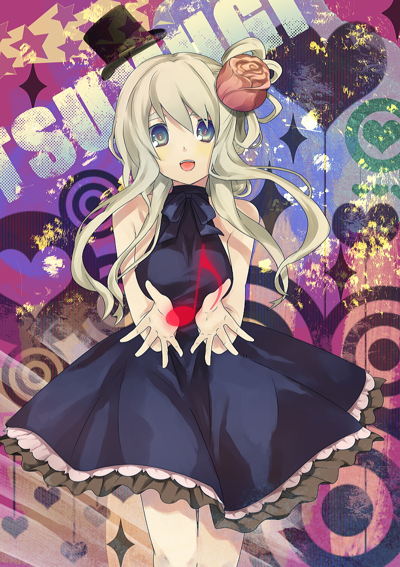 kippu, kotobuki tsumugi, k-on!, bad id, bad pixiv id, 00s, 1girl, blonde hair, blue eyes, dress, female focus, flower, hat, long hair, musical note, solo