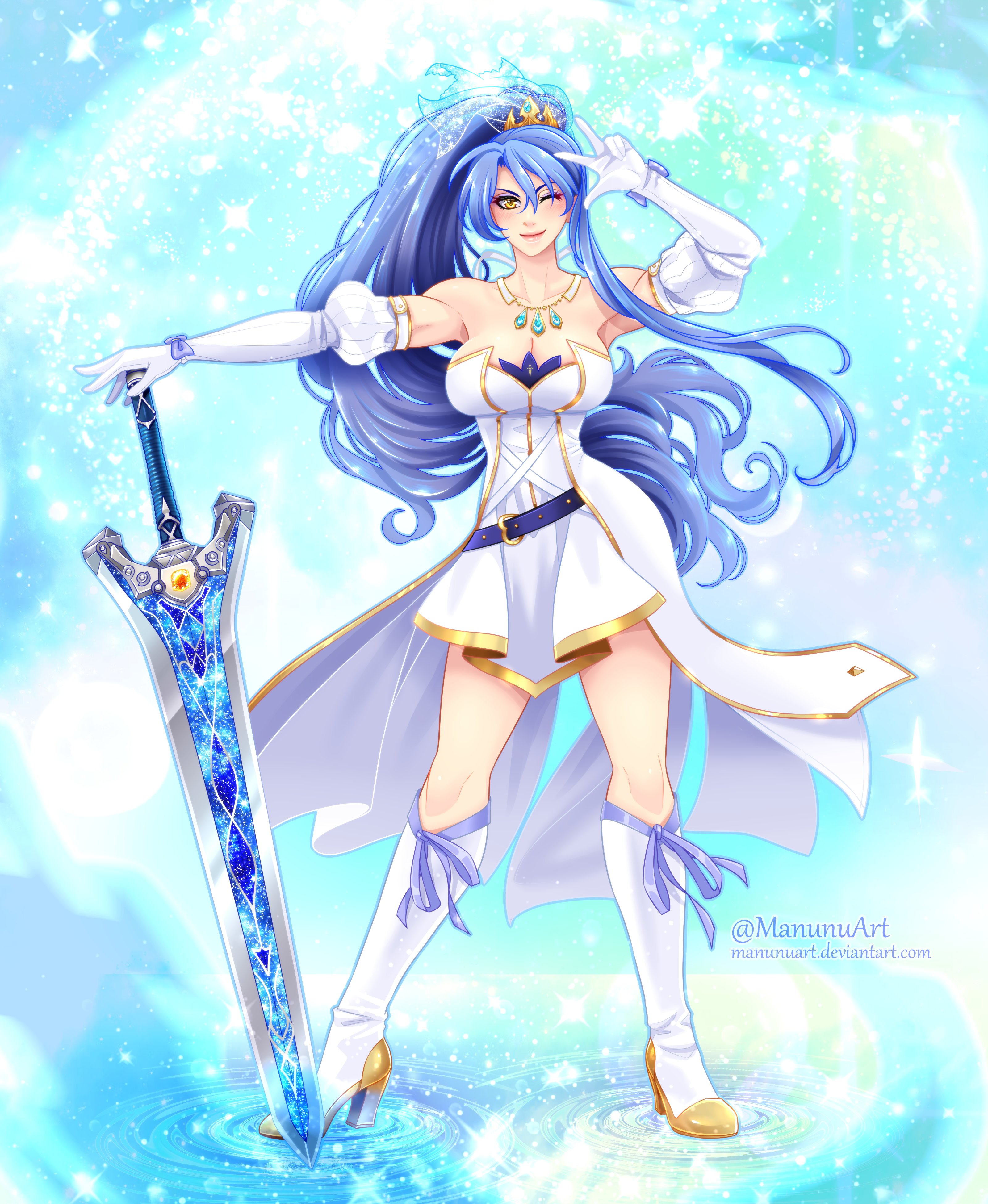 manu-chann, laura s. arseid, eiyuu densetsu, sen no kiseki (series), absurdres, commentary, commission, english commentary, highres, 1girl, blue hair, boots, breasts, cleavage, crown, detached sleeves, deviantart username, elbow gloves, floating hair, full body, gloves, hair between eyes, high heel boots, high heels, huge weapon, jewelry, large breasts, long hair, long sleeves, looking at viewer, magical girl, necklace, one eye closed, parted bangs, planted, planted sword, planted weapon, puffy long sleeves, puffy sleeves, purple eyes, skirt, smile, solo, standing, sword, twitter username, v, wavy hair, weapon, white gloves