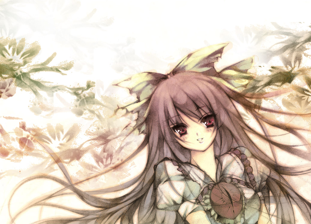 babu523, luvhyde, reiuji utsuho, touhou, 1girl, brown hair, female focus, long hair, red eyes, ribbon, smile, solo, upper body, white background