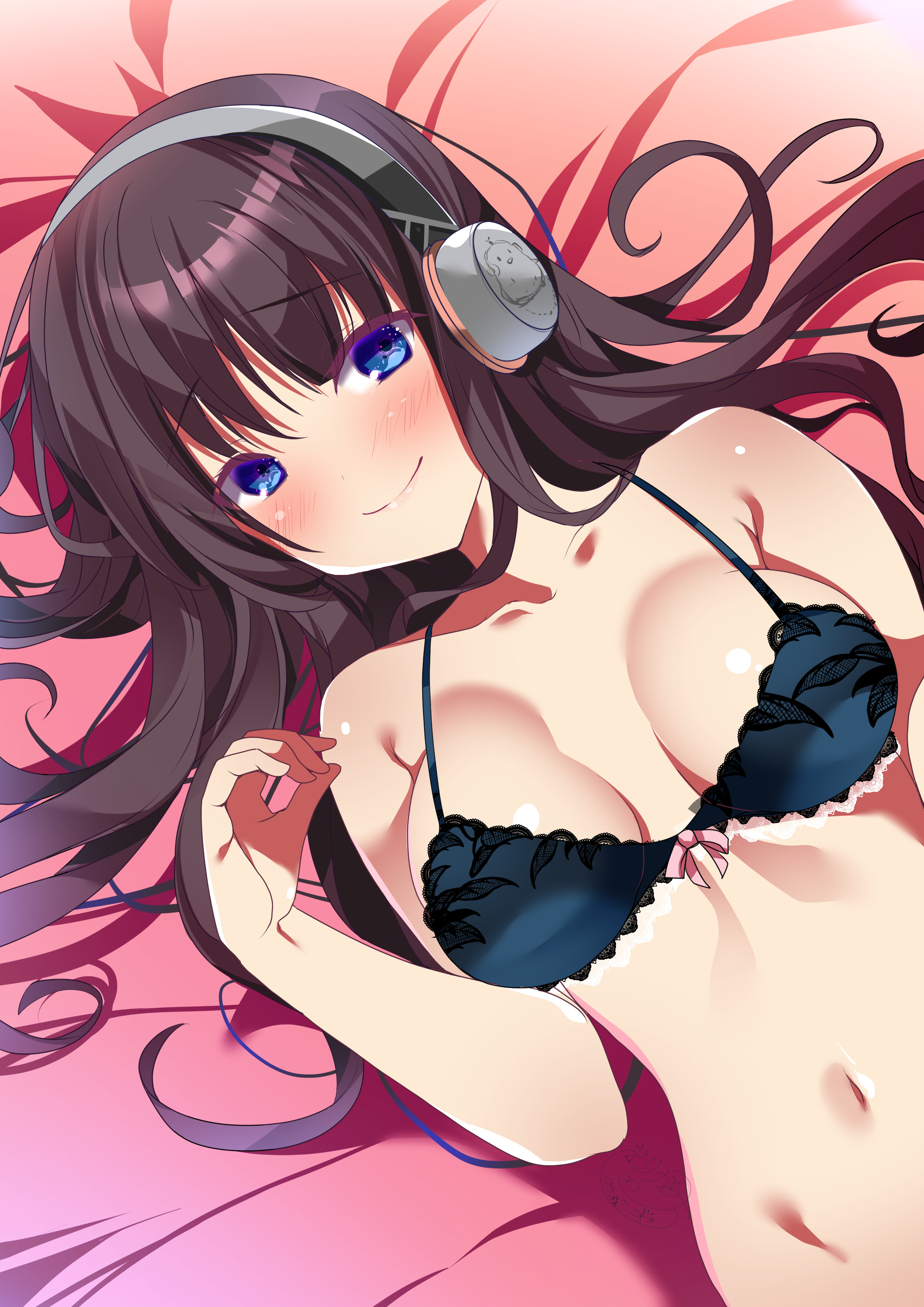 origami aya, long island (azur lane), manjuu (azur lane), azur lane, absurdres, commentary request, highres, 1girl, bare shoulders, black hair, blue bra, blue eyes, blush, bra, breasts, closed mouth, collarbone, from above, headphones, lace, lace-trimmed bra, lace trim, lingerie, long hair, looking at viewer, lying, medium breasts, navel, on back, on bed, signature, smile, solo, stomach, underwear
