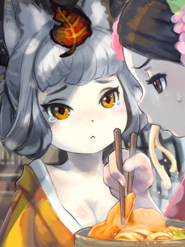 muuten, inari, kongiku, momohime, oboro muramasa, vanillaware, silver hair, 2girls, :<, aburaage, animal ears, blunt bangs, blush, breasts, chopsticks, cleavage, eating, food, fox ears, hair up, japanese clothes, kimono, kitsune udon, leaf, leaf on head, multiple girls, noodles, object on head, orange eyes, pale skin, soba, sweatdrop, tears, tofu, tsurime