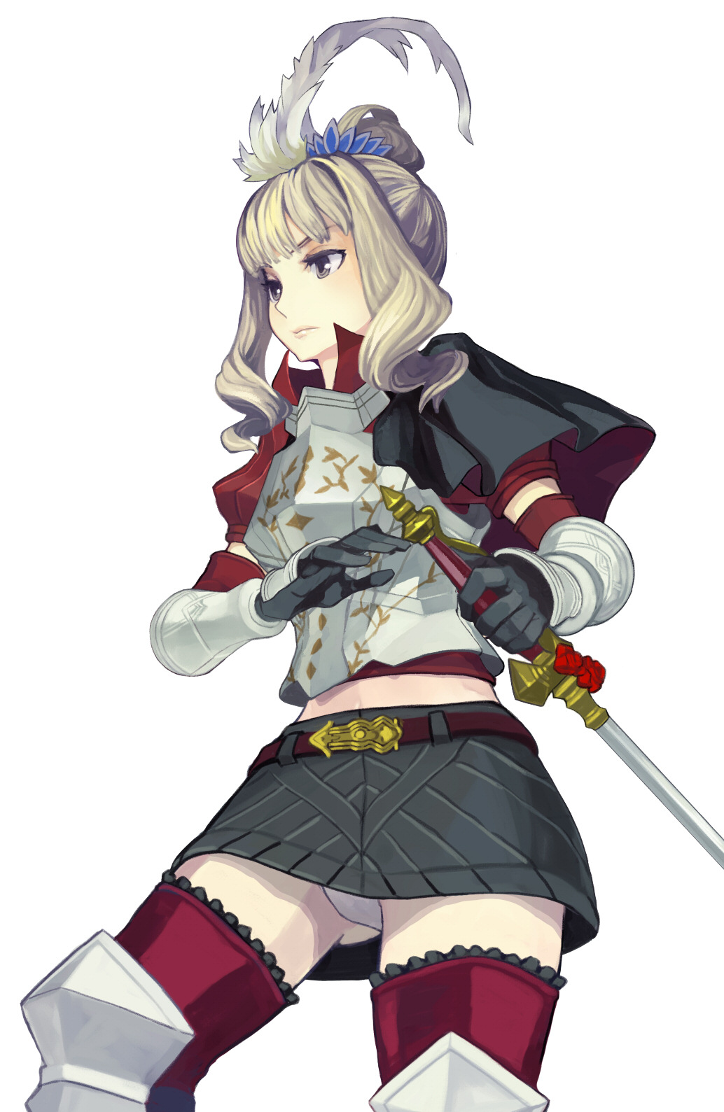 forgotten artist, ryman, fantasy earth zero, bad id, bad pixiv id, highres, 1girl, armor, female focus, gauntlets, grey eyes, grey hair, knight, long hair, panties, pantyshot, skirt, solo, sword, thighhighs, underwear, weapon