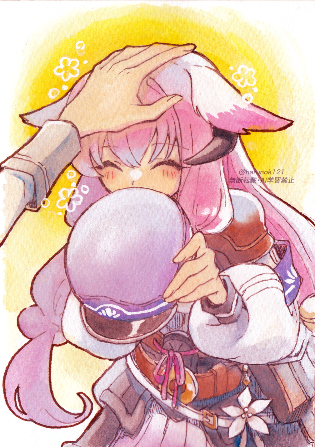 harunok121, hina (rune factory), rune factory, rune factory: guardians of azuma, rune factory 5, adversarial noise, commentary, highres, 1girl, 1other, animal ears, armor, artist name, bell, blush, closed eyes, flower, gradient clothes, gradient skirt, hair bell, hair ornament, hat, headpat, holding, holding unworn clothes, holding unworn hat, horns, japanese armor, jingle bell, kusazuri, long hair, long sleeves, out of frame, pauldrons, pink hair, pink skirt, shirt, shoulder armor, skirt, solo focus, twitter username, unworn hat, unworn headwear, white shirt