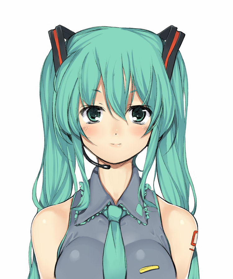 nagase haruhito, hatsune miku, vocaloid, bad id, bad pixiv id, colorized, 1girl, aqua hair, blush, breasts, female focus, green eyes, large breasts, long hair, necktie, smile, solo, twintails