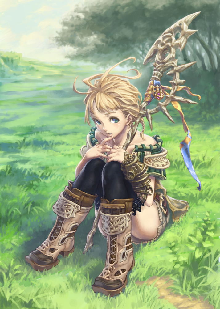 hisakata souji, original, blonde hair, blush, boots, fantasy, field, green eyes, nature, short hair, sitting, solo, staff, thighhighs, wizard
