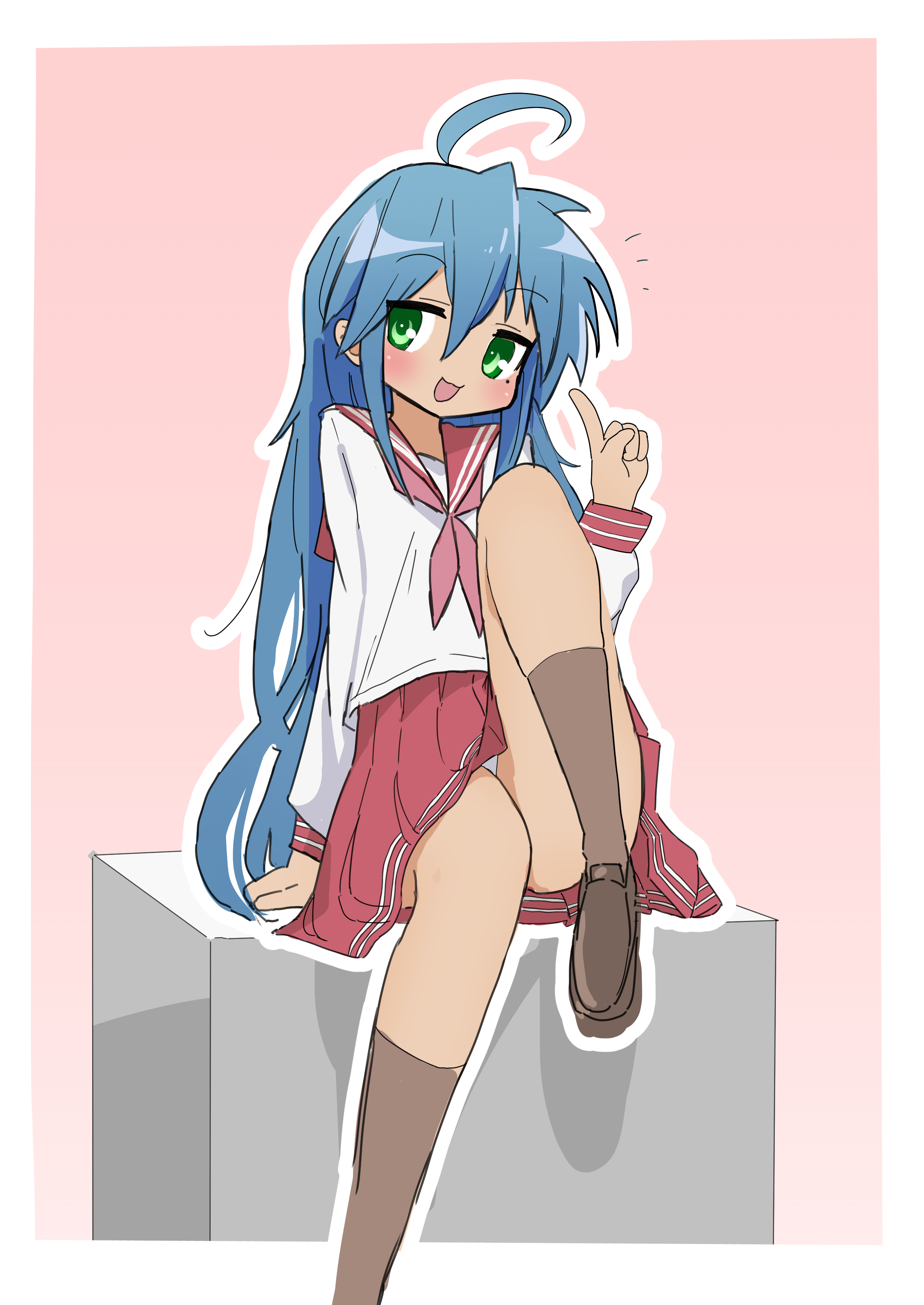 izumi konata, lucky star, absurdres, commentary request, highres, 1girl, ahoge, blue hair, border, brown shoes, brown socks, double-parted bangs, foot out of frame, green eyes, hand up, huge ahoge, index finger raised, kawahagi (yjrc4288), leg up, legs, loafers, long hair, long sleeves, mole, mole under eye, neckerchief, open mouth, outline, panties, panty peek, pantyshot, pink neckerchief, pleated skirt, red sailor collar, red skirt, ryouou school uniform, sailor collar, school uniform, serafuku, shirt, shoes, skirt, smile, socks, solo, underwear, very long hair, white border, white outline, white panties, white shirt