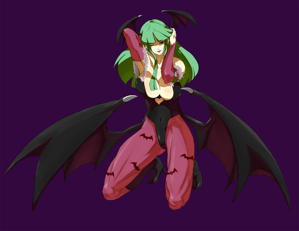 kon (kdash), morrigan aensland, capcom, darkstalkers, 1girl, animal print, arms up, bare shoulders, bat print, bat wings, boots, breasts, cleavage, demon girl, detached sleeves, elbow gloves, female focus, full body, gloves, green eyes, green hair, head wings, high heels, kneeling, large breasts, leotard, lips, lipstick, long hair, makeup, matching hair/eyes, one eye closed, pantyhose, print pantyhose, purple background, shoes, simple background, solo, wings, wink