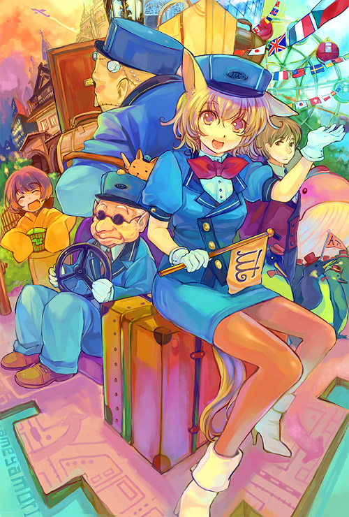 ame yamori, original, luggage, uniform, white footwear, bad id, bad pixiv id, 2girls, 3boys, :d, ^ ^, aircraft, airplane, american flag, animal, animal ears, animal on head, bird, blazer, blue hat, blue skirt, blush stickers, bolt (hardware), boots, bow, bowtie, brown eyes, brown hair, building, buttons, child, city, closed eyes, colorful, contrail, facing away, ferris wheel, flags of all nations, french flag, gloves, happy, hat, high heel boots, high heels, jacket, japanese clothes, japanese flag, kimono, long sleeves, looking at viewer, mini hat, mini top hat, multiple boys, multiple girls, old, old man, on head, open mouth, pantyhose, pencil skirt, penguin, pennant, perspective, puffy short sleeves, puffy sleeves, red bow, red bowtie, see-through clothes, see-through legwear, shoes, short hair, short sleeves, signature, skirt, sleeves past wrists, smile, steering wheel, stitches, string of flags, suitcase, sunglasses, swiss flag, tail, top hat, union jack, whale, white gloves