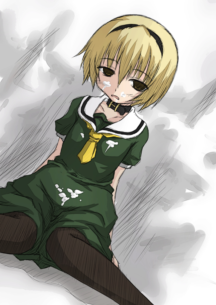 sawa (teaesk), teaesk, houjou satoko, higurashi no naku koro ni, bad id, bad pixiv id, 00s, 1girl, blonde hair, collar, cum, cum on body, cum on clothes, dress, empty eyes, facial, female focus, kneeling, pantyhose, sailor dress, school uniform, short hair, sketch, solo