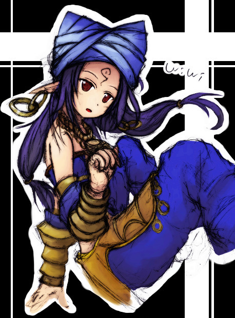 fino, mirabelle, vivi (luminous arc), luminous arc, bad id, bad pixiv id, 1girl, arabian clothes, baggy pants, bare shoulders, detached sleeves, earrings, female focus, jewelry, long hair, necklace, pants, pointy ears, purple hair, red eyes, solo, tattoo, turban