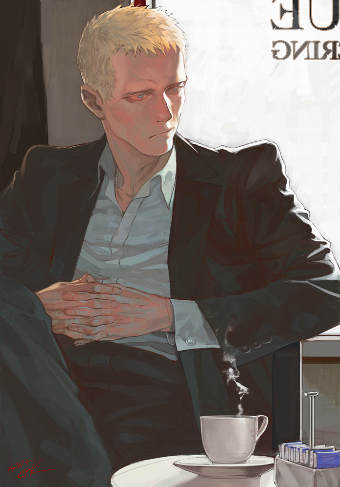 original, 1boy, black pants, black suit, blonde hair, blue eyes, closed mouth, coffee mug, collared shirt, crossed legs, ctkcave, cup, formal clothes, indoors, jewelry, male focus, mug, necklace, own hands together, pants, saucer, shirt, short hair, smoke, smoke trail, solo, spiked hair, sugar packet, suit, white shirt, window