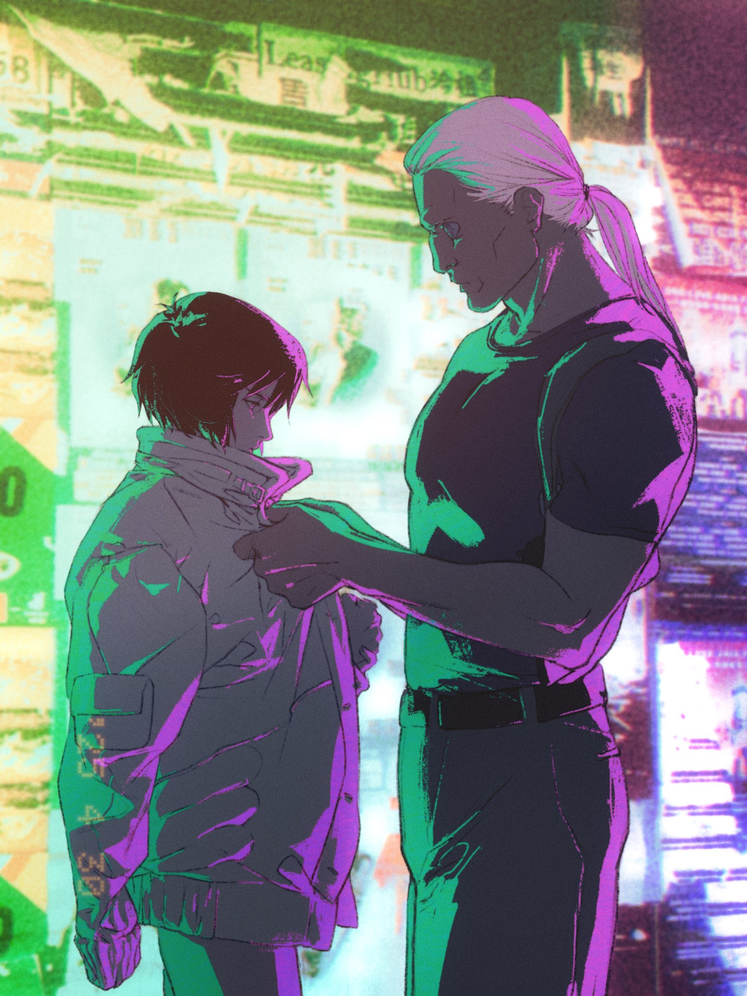aizheajsee, batou (gits), kusanagi motoko, ghost in the shell, highres, 1boy, 1girl, belt, black hair, face-to-face, gradient background, jacket, long hair, medium hair, ponytail, white hair