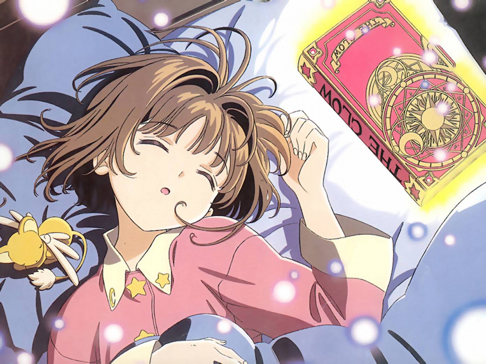 kero (cardcaptor sakura), kinomoto sakura, cardcaptor sakura, highres, jpeg artifacts, official art, 1990s (style), 1girl, antenna hair, blouse, book, brown hair, child, closed eyes, from above, glowing, hair intakes, head tilt, indoors, messy hair, pajamas, pink shirt, retro artstyle, shirt, short hair, sleeping, under covers