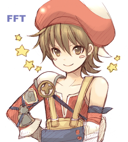 pocopoco, luso clemens, final fantasy, final fantasy tactics a2, final fantasy tactics advance, lowres, 1boy, androgynous, armor, blush, brown eyes, brown hair, child, hat, male focus, short hair, shoulder pads, solo, star (symbol), strap, trap