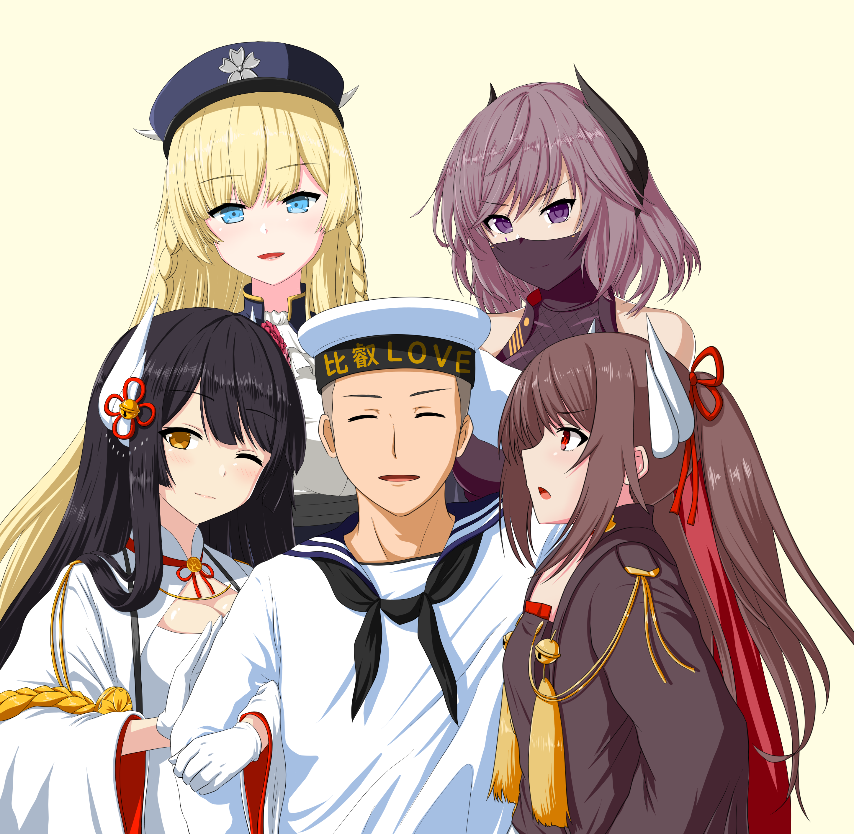 cipher engage, commander (azur lane), haruna (azur lane), hiei (azur lane), kirishima (azur lane), kongou (azur lane), azur lane, absurdres, commentary request, highres, 1boy, 4girls, bare shoulders, black horns, black neckerchief, black sailor collar, blonde hair, blue eyes, blue hat, blue jacket, braid, breasts, brown hair, cleavage, gloves, hair ribbon, hat, horns, jacket, large breasts, long hair, long sleeves, mask, medium breasts, medium hair, military uniform, mouth mask, multiple girls, naval uniform, neckerchief, one eye closed, purple eyes, purple hair, red eyes, red ribbon, ribbon, sailor collar, siblings, simple background, sisters, twin braids, upper body, white gloves, yellow background