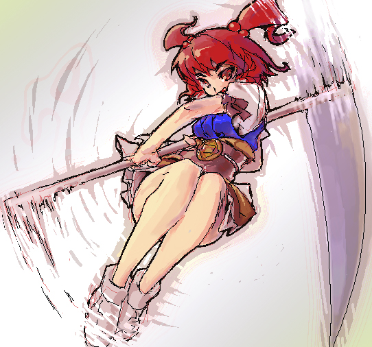 henreki san, onozuka komachi, touhou, 1girl, bob cut, female focus, gradient background, hair bobbles, hair ornament, legs, red eyes, red hair, scythe, shoes, short hair, short twintails, skirt, solo, spinning, twintails, two side up, white background