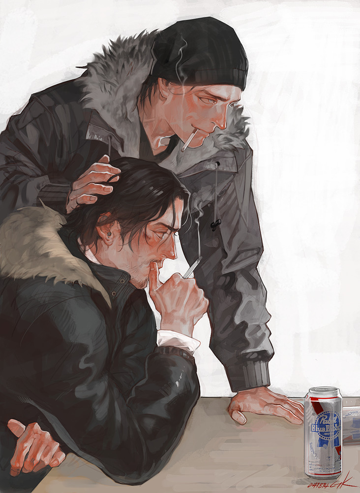 original, 2boys, beanie, beard stubble, beer can, black hair, black jacket, black shirt, blue eyes, brown eyes, can, cigarette, crossed arms, ctkcave, drink can, facial hair, from side, fur-trimmed jacket, fur trim, hand on another's head, hand on table, hat, holding, holding cigarette, jacket, male focus, multiple boys, mustache, shirt, short hair, smile, smoke, smoke trail, smoking, stubble, table, white shirt