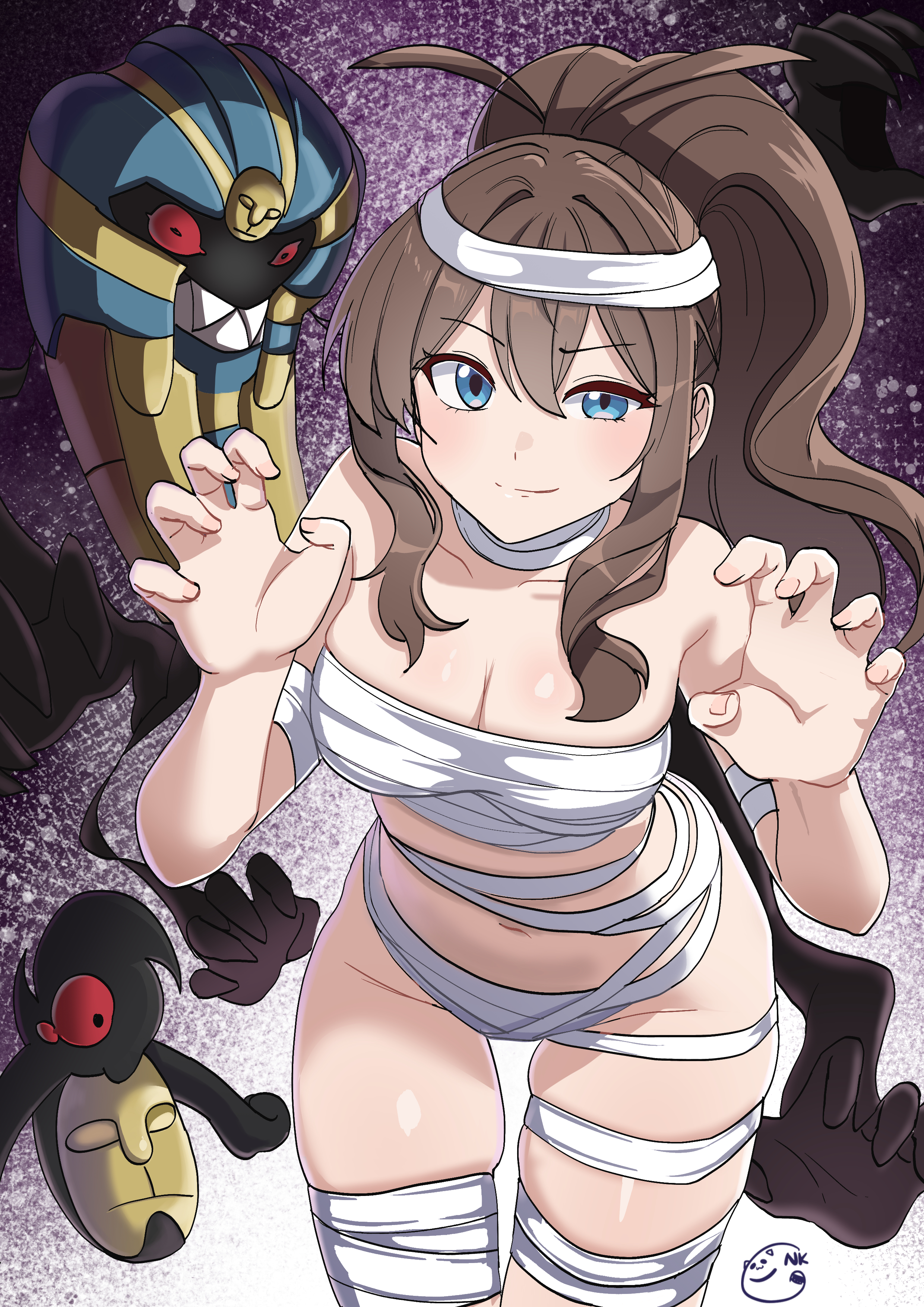 neogul kim, cofagrigus, hilda (pokemon), yamask, nintendo, pokemon, pokemon bw, absurdres, highres, 1girl, 2others, bandages, bent over, blue eyes, breasts, brown hair, claw pose, cosplay, curvy, evolutionary line, eyelashes, gen 5 pokemon, gradient background, halloween, halloween costume, high ponytail, long hair, looking at viewer, multiple others, mummy costume, naked bandage, navel, ponytail, revealing clothes, shiny skin, sidelocks, signature, simple background, smile, wide hips