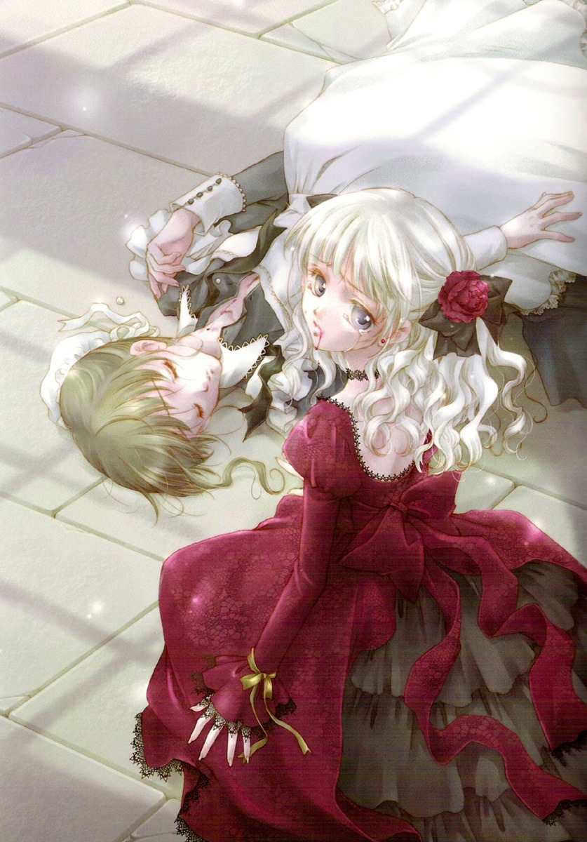 highres, 2girls, blonde hair, blood, brown hair, closed eyes, dress, flower, frills, maid, multiple girls, red dress, ribbon, rose, tears, vampire, white hair