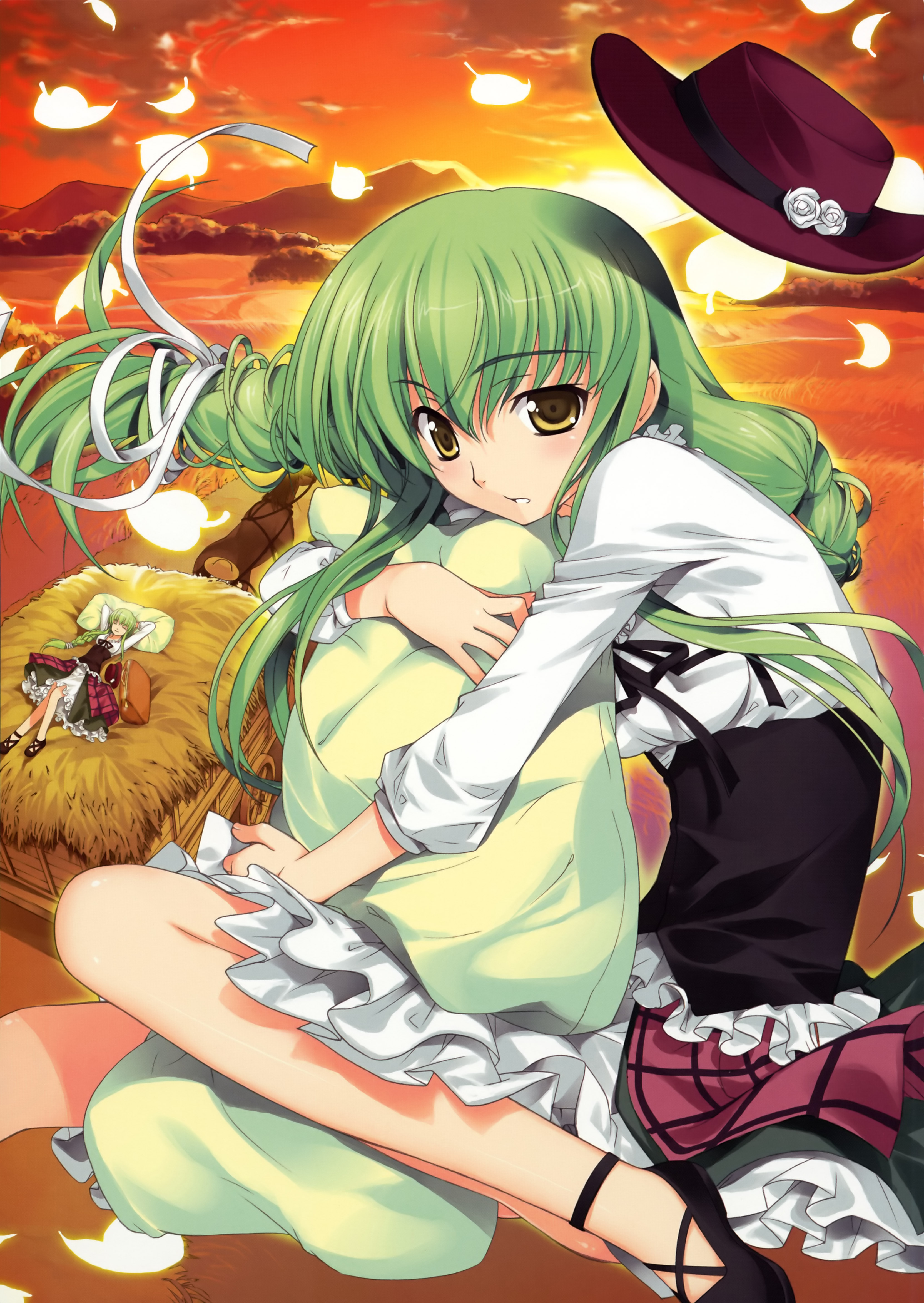 fujima takuya, c.c., cheese-kun, code geass, code geass heroine tribute, absurdres, highres, 00s, 1girl, arms behind back, braid, cart, corset, dress, drinking straw, female focus, flower, green hair, hair ribbon, hat, hat flower, hugging object, long hair, lying, on back, pillow, pillow hug, ribbon, scenery, single braid, solo, sunset, unworn hat, unworn headwear, very long hair, yellow eyes