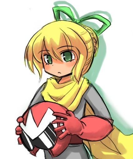 proto man, roll (mega man), capcom, mega man (classic), mega man (series), 1girl, blonde hair, cosplay, female focus, green eyes, hair ribbon, helmet, proto man (cosplay), ribbon, scarf, solo