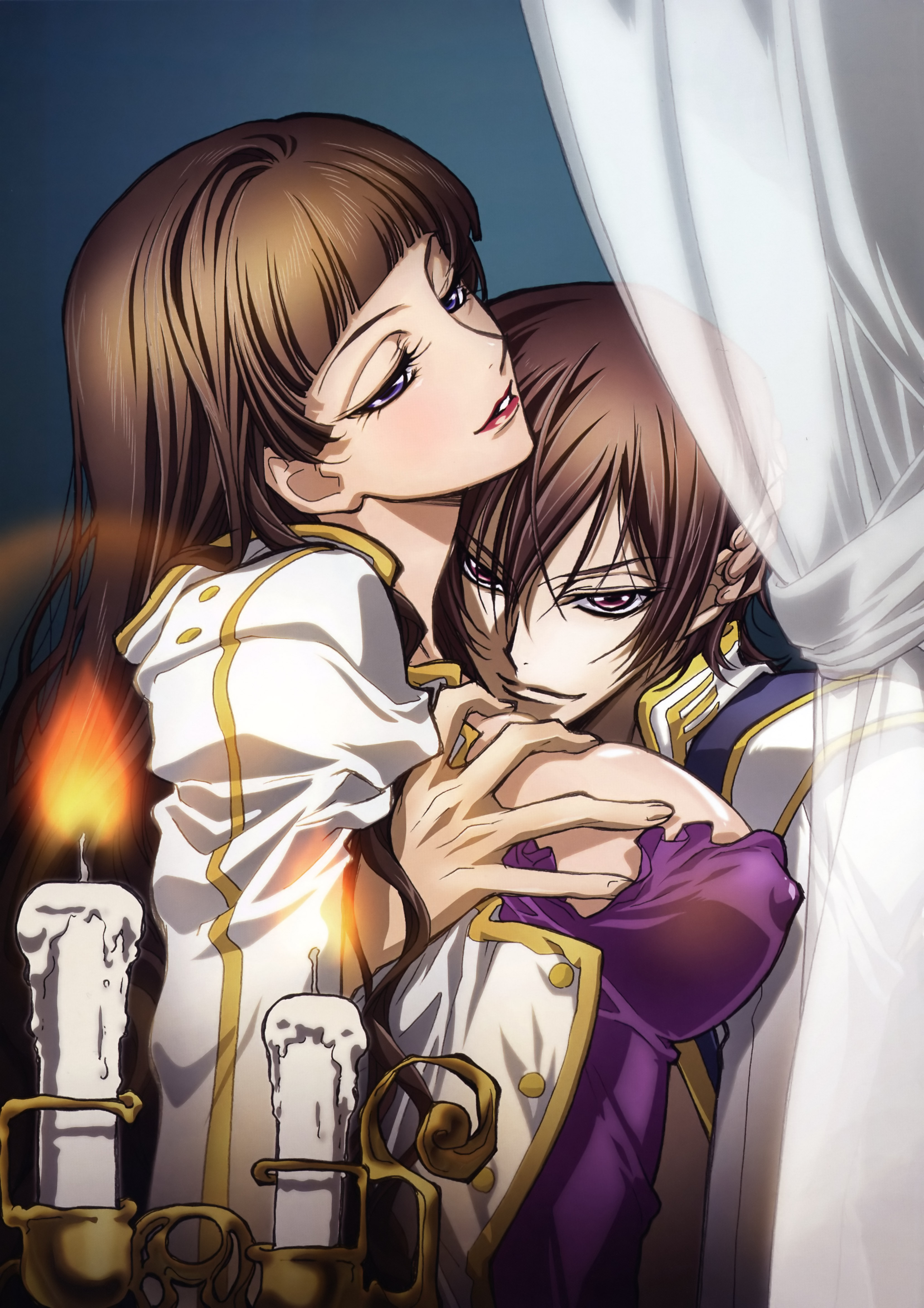 nakajima atsuko, lelouch vi britannia, marianne vi britannia, code geass, absurdres, artbook, highres, 00s, 1boy, 1girl, age difference, blush, breasts, brown hair, candle, couple, covered erect nipples, curtains, dress, family, grabbing another's breast, groping, happy, hetero, hug, incest, jacket, large breasts, lipstick, long hair, makeup, mature female, mother and son, naughty face, nipples, purple eyes, sideboob, smile