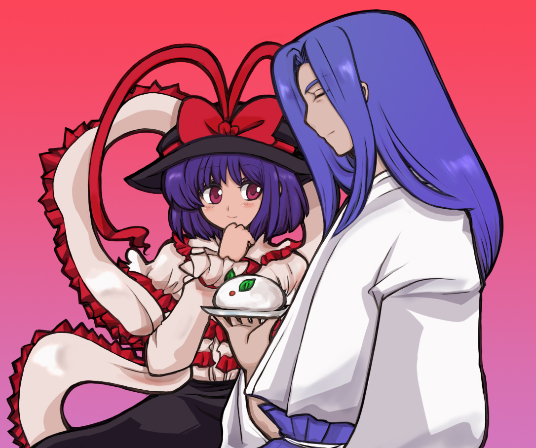 momo&a, wakaba23, nagae iku, tachibana ukyo, tachibana ukyou, m.u.g.e.n, samurai spirits, snk, touhou, 1boy, 1girl, blue hair, blush, bow, closed eyes, crossover, frills, hat, hetero, long hair, plate, purple eyes, ribbon, shawl, short hair, skirt, snow rabbit