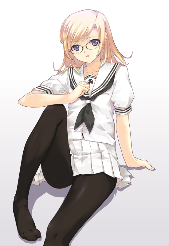 dasoku sentarou, 1girl, arm support, black-framed eyewear, black neckerchief, black pantyhose, blonde hair, collarbone, feet, female focus, flat chest, glasses, gradient background, grey background, knee up, looking at viewer, neckerchief, open mouth, pantyhose, pleated skirt, purple eyes, school uniform, serafuku, short hair, short sleeves, simple background, sitting, skirt, solo, swept bangs, white skirt