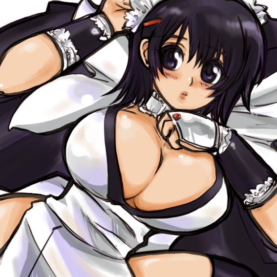 momo&a, wakaba23, iroha (samurai spirits), samurai spirits, snk, 1girl, apron, black eyes, black hair, blush, bow, breasts, choker, cleavage, female focus, fingerless gloves, frills, gloves, hair ornament, hairpin, hip focus, huge breasts, lips, lying, maid, maid apron, maid headdress, short hair, solo, wide hips