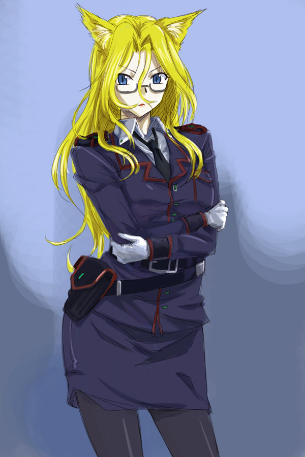 michael f91, animal ears, belt, blonde hair, blue eyes, crossed arms, fox ears, glasses, gloves, long hair, military, military uniform, necktie, pantyhose, serious, solo, standing