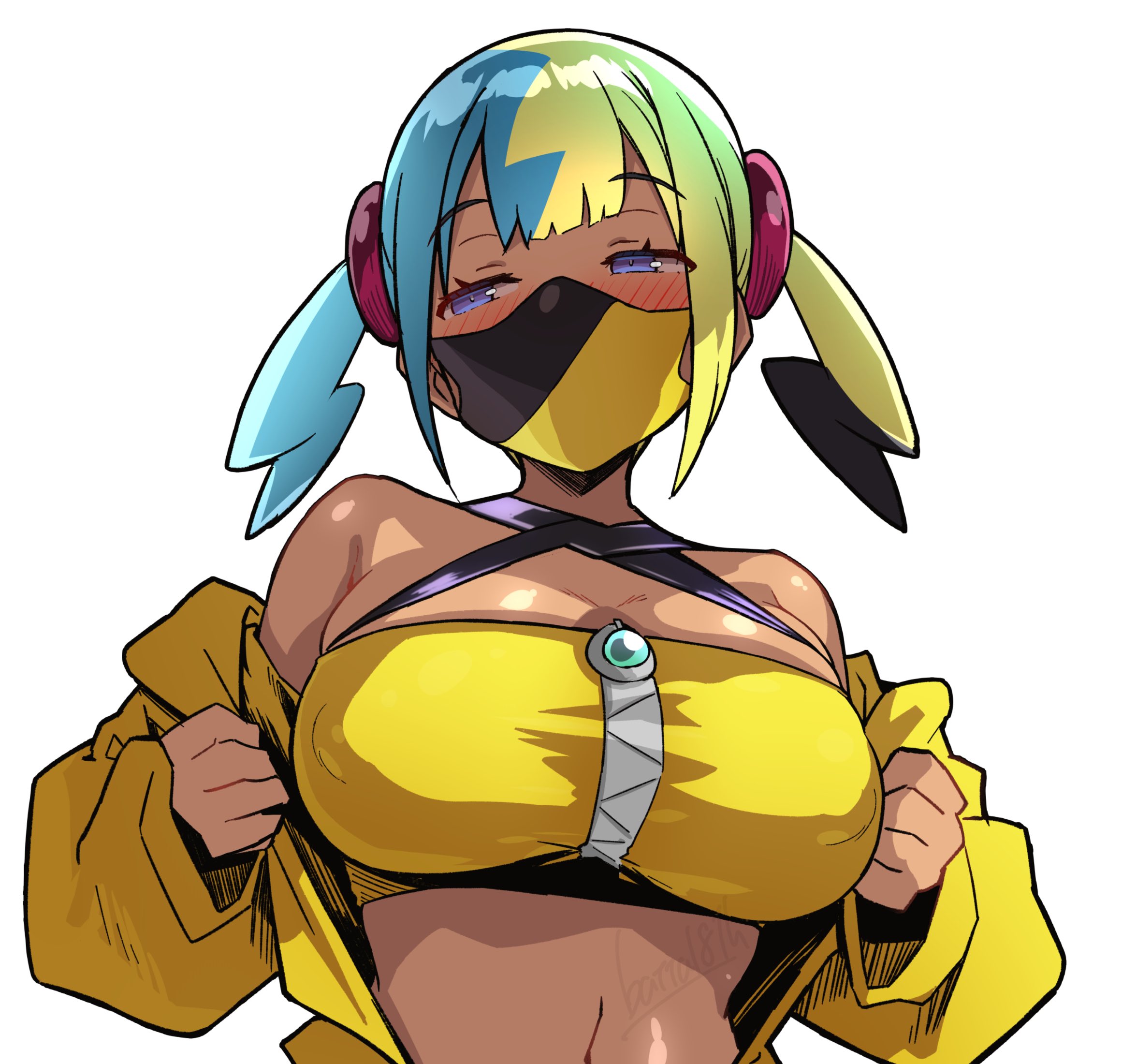 batta 16-sei, canari (pokemon), nintendo, pokemon, pokemon legends: z-a, commentary request, highres, 1girl, aqua hair, bandeau, black hair, black mask, blonde hair, blue eyes, blush, breasts, covered erect nipples, dark-skinned female, dark skin, jacket, large breasts, looking to the side, mask, mouth mask, multicolored hair, solo, two-tone mask, upper body, yellow bandeau, yellow jacket, yellow mask