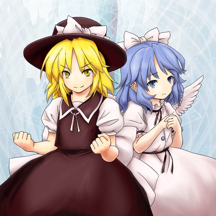 serene (gusarme), serene (pixiv66339), mai (touhou), yuki (touhou), mystic square, touhou, touhou (pc-98), 2girls, angel wings, blonde hair, blue eyes, blue hair, clenched hand, clenched hands, female focus, hat, multiple girls, no nose, wings, witch, yellow eyes