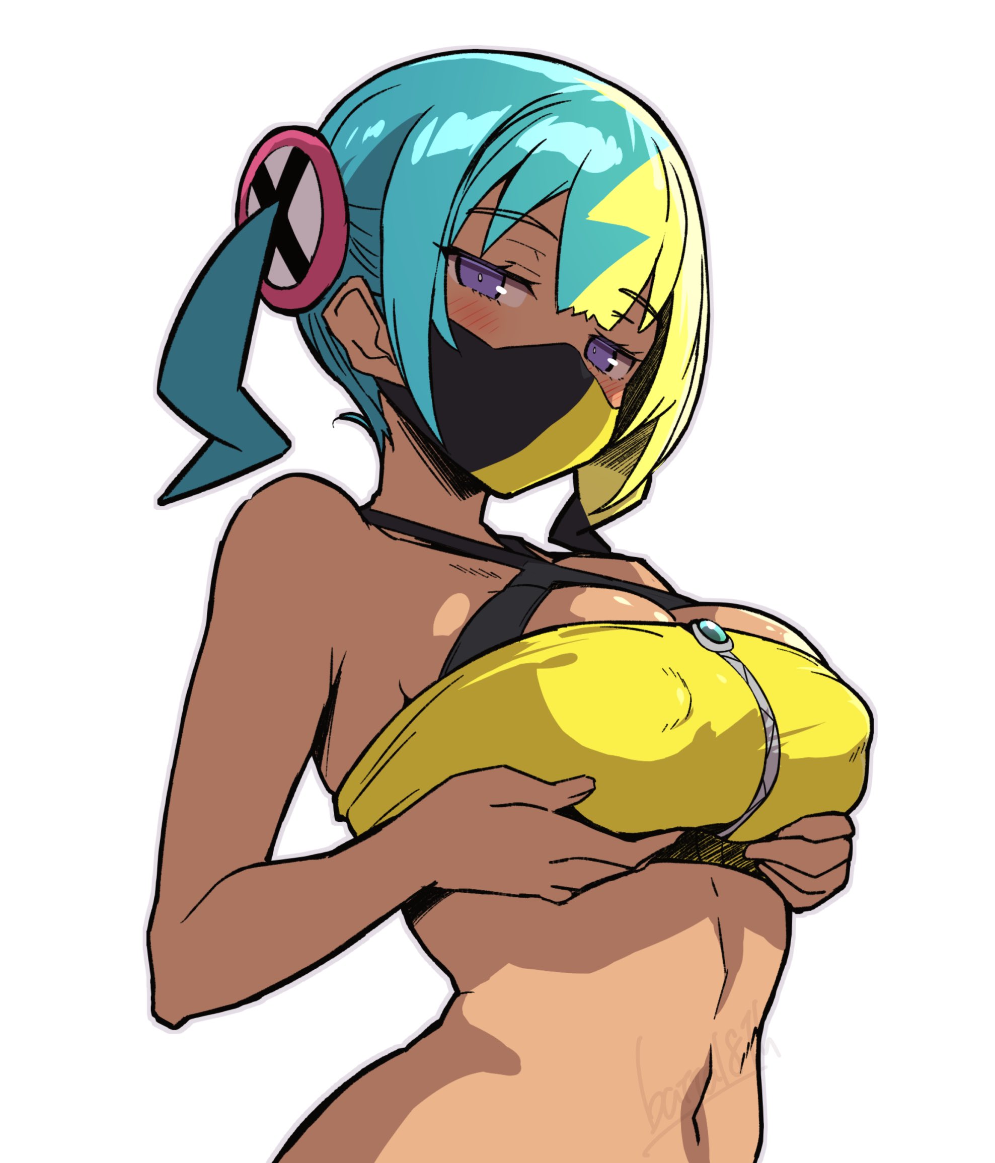 batta 16-sei, canari (pokemon), nintendo, pokemon, pokemon legends: z-a, commentary request, highres, 1girl, aqua hair, bandeau, black hair, black mask, blonde hair, blue eyes, blush, breasts, covered erect nipples, dark-skinned female, dark skin, grabbing own breast, large breasts, looking at viewer, mask, mouth mask, multicolored hair, solo, two-tone mask, yellow bandeau, yellow mask