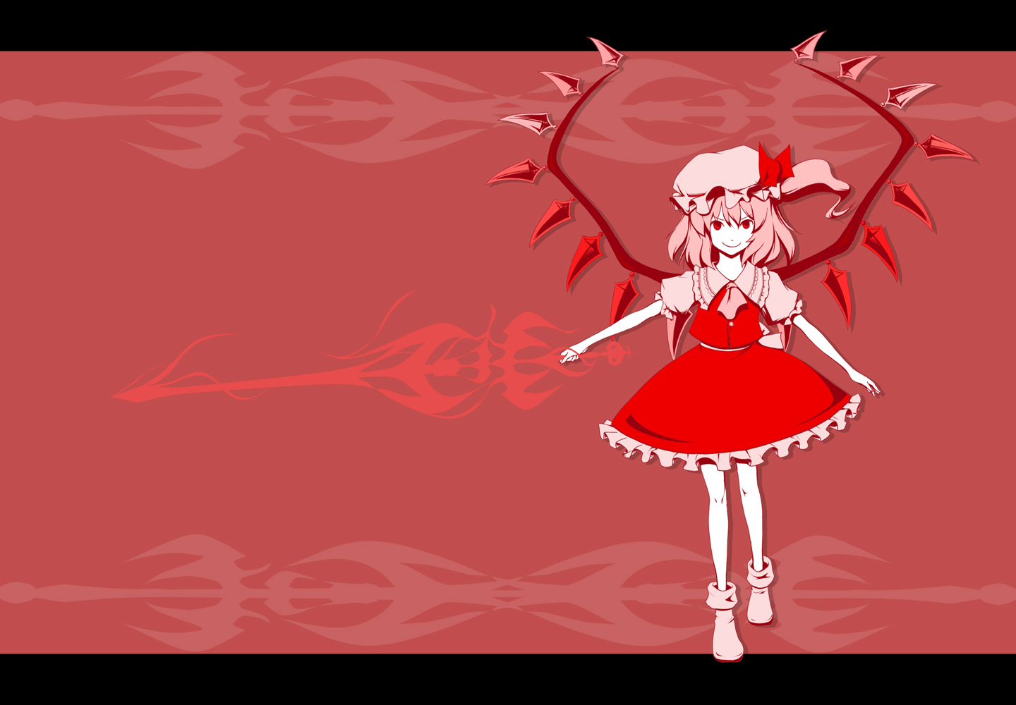 serene (gusarme), serene (pixiv66339), flandre scarlet, touhou, 1girl, female focus, hat, laevatein, letterboxed, mob cap, red theme, side ponytail, skirt, solo, wings