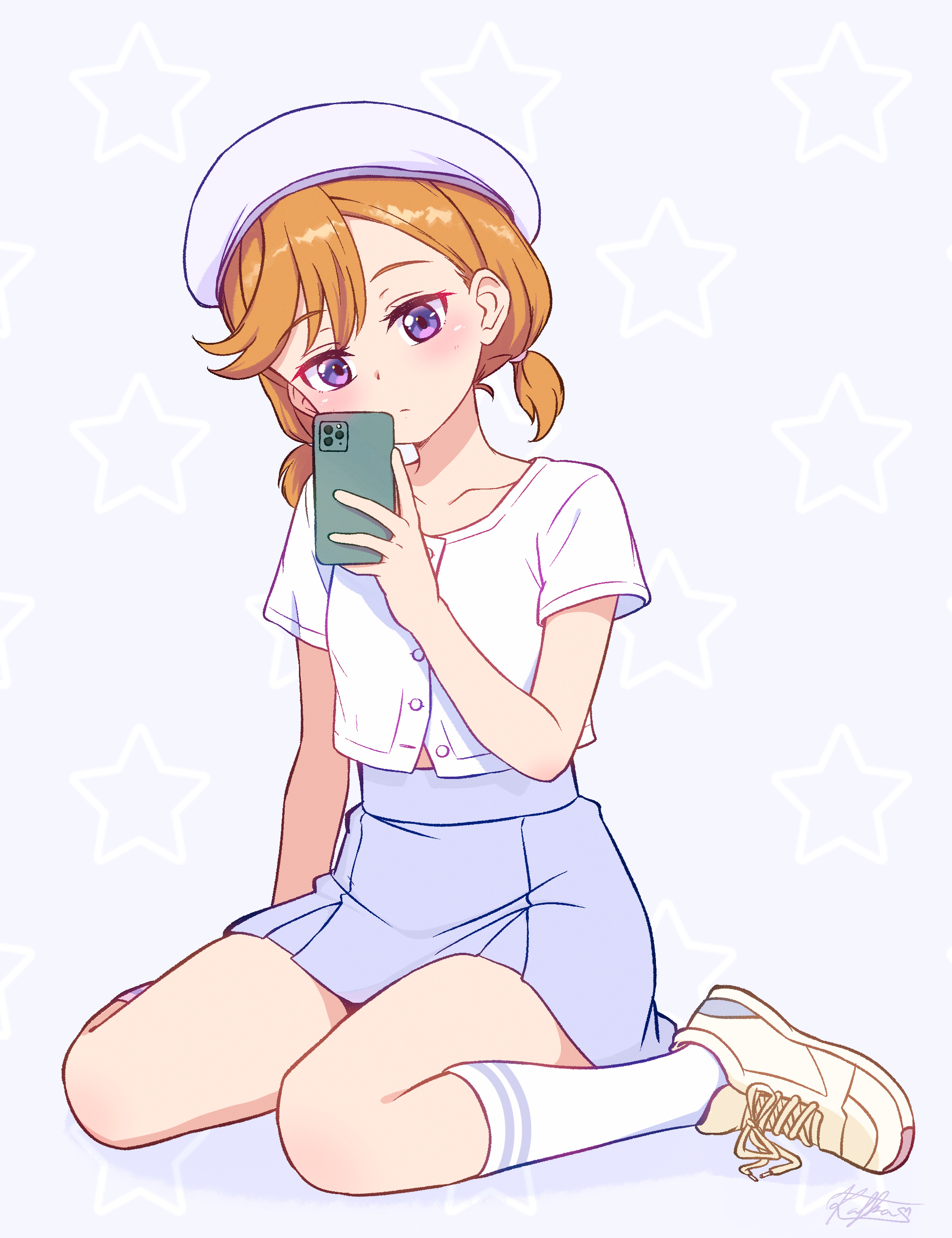 kafka963, shibuya kanon, love live!, love live! superstar!!, absurdres, highres, 1girl, beret, closed mouth, collarbone, hat, head tilt, holding, holding phone, kneehighs, looking at phone, low twintails, orange hair, phone, purple eyes, shirt, shoes, short sleeves, sitting, skirt, socks, solo, twintails, wariza, white hat, white shirt, white socks