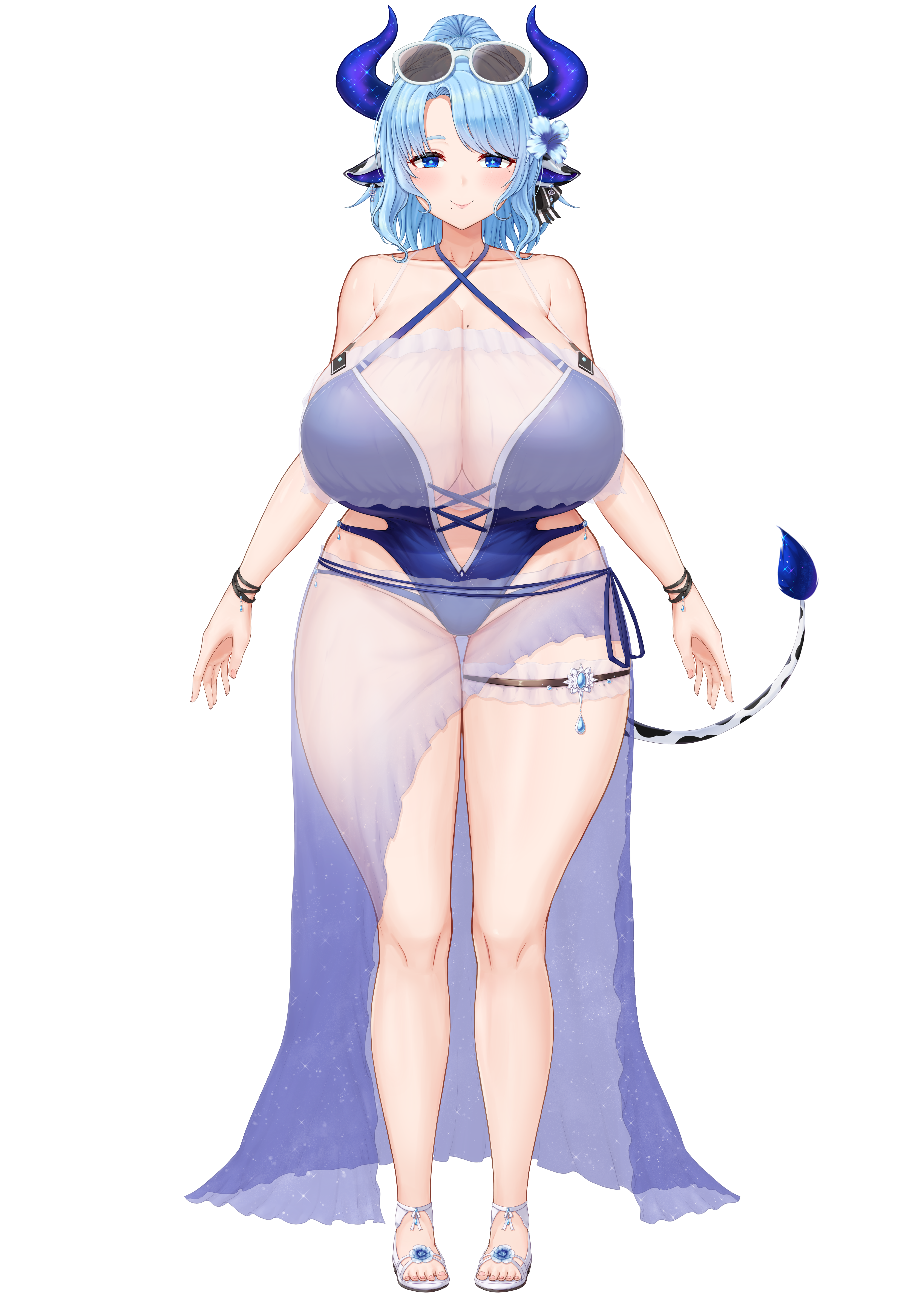 cream cod, miilkywayz, indie virtual youtuber, absurdres, highres, official art, 1girl, animal ears, arms at sides, bare shoulders, black ribbon, blue eyes, blue flower, blue hair, blue one-piece swimsuit, blue pupils, breasts, bright pupils, cleavage, closed mouth, collarbone, cow ears, cow girl, cow tail, criss-cross straps, earrings, eyewear on head, flower, frilled thigh strap, full body, hair flower, hair ornament, hair ribbon, horns, huge breasts, jewelry, mole, mole on breast, mole under eye, mole under mouth, navel, one-piece swimsuit, open hands, parted bangs, ribbon, sandals, sarong, see-through clothes, see-through sarong, smile, solo, standing, star-shaped pupils, star (symbol), straight-on, striped ribbon, sunglasses, swimsuit, symbol-shaped pupils, tachi-e, tail, thick thighs, thigh strap, thighs, toes, transparent background, virtual youtuber, white-framed eyewear, wide hips
