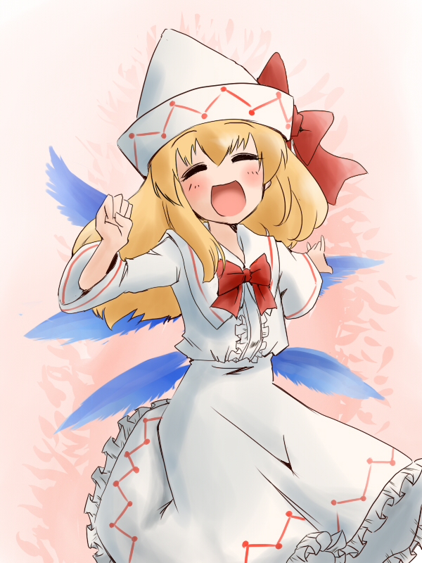 udukikosuke, lily white, touhou, bad id, bad pixiv id, 1girl, blonde hair, closed eyes, female focus, happy, open mouth, short hair, solo, wings