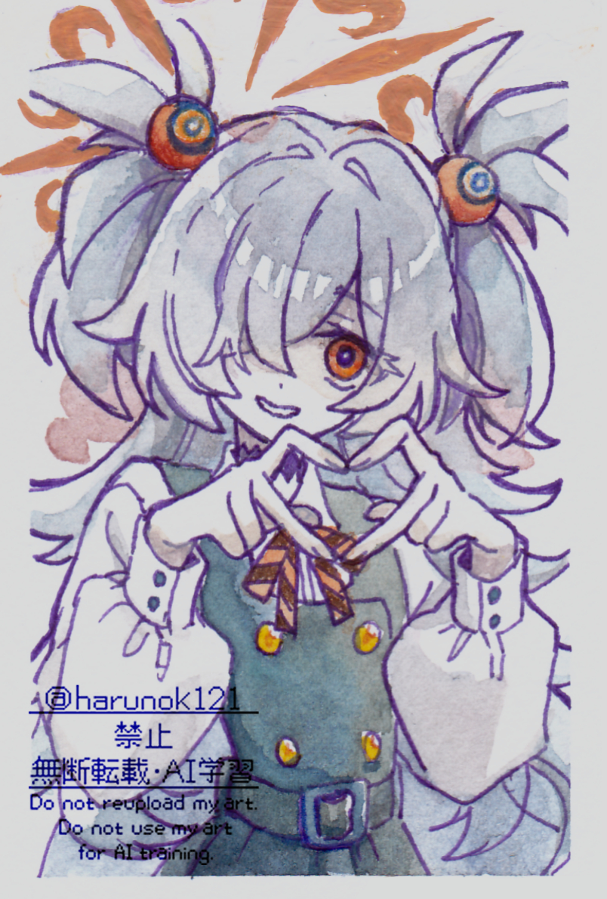 harunok121, kanoe (blue archive), blue archive, adversarial noise, commentary, highres, traditional media, 1girl, brown eyes, diagonal-striped ribbon, dress, four-finger heart hands, grey hair, hair over one eye, halo, heart, heart hands, long hair, orange halo, pinafore dress, puffy sleeves, sleeveless, sleeveless dress, solo, twitter username, two side up, upper body