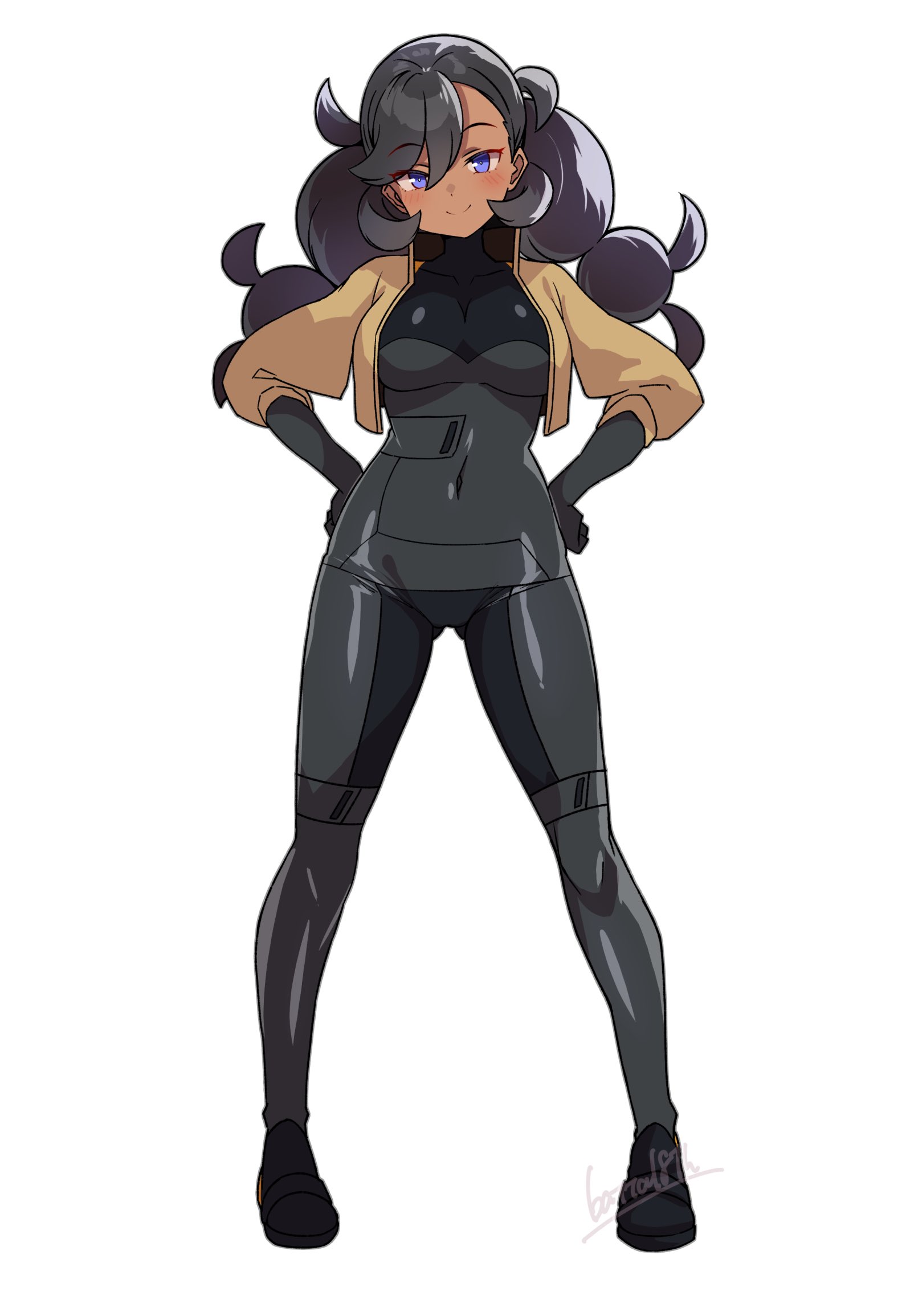 batta 16-sei, emma (pokemon), nintendo, pokemon, pokemon legends: z-a, pokemon xy, highres, black bodysuit, black gloves, bodysuit, breasts, brown jacket, covered navel, dark-skinned female, dark skin, full body, gloves, hands on own hips, jacket, large breasts, looking at viewer, open clothes, open jacket, simple background, standing, twintails, white background