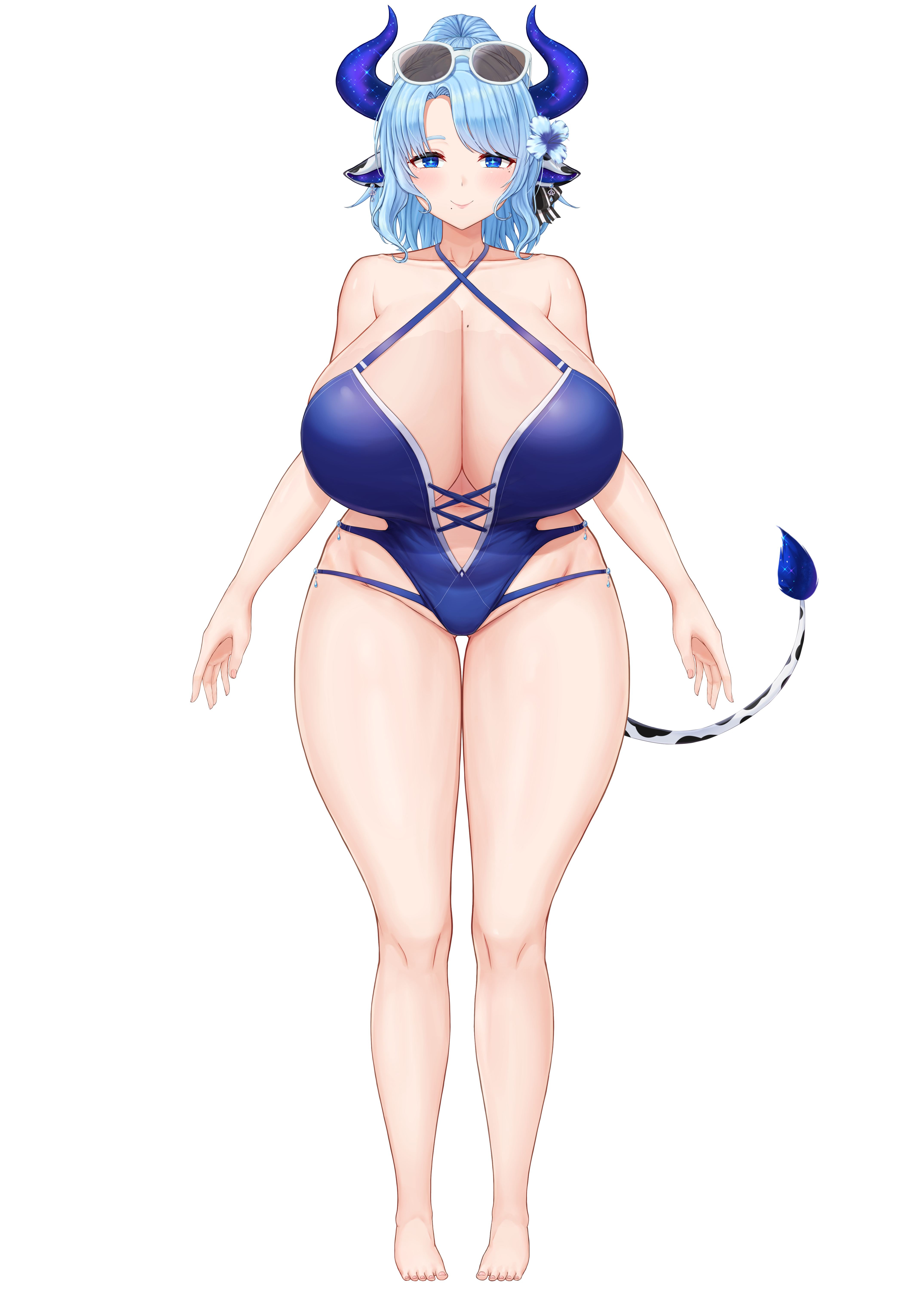 cream cod, miilkywayz, indie virtual youtuber, absurdres, highres, official art, second-party source, 1girl, animal ears, arms at sides, bare shoulders, barefoot, black ribbon, blue eyes, blue flower, blue hair, blue one-piece swimsuit, blue pupils, breasts, bright pupils, cleavage, closed mouth, collarbone, cow ears, cow girl, cow tail, criss-cross straps, earrings, eyewear on head, flower, frilled thigh strap, full body, hair flower, hair ornament, hair ribbon, horns, huge breasts, jewelry, mole, mole on breast, mole under eye, mole under mouth, navel, one-piece swimsuit, open hands, parted bangs, ribbon, see-through clothes, smile, solo, standing, star-shaped pupils, star (symbol), straight-on, striped ribbon, sunglasses, swimsuit, symbol-shaped pupils, tachi-e, tail, thick thighs, thigh strap, thighs, transparent background, virtual youtuber, white-framed eyewear, wide hips