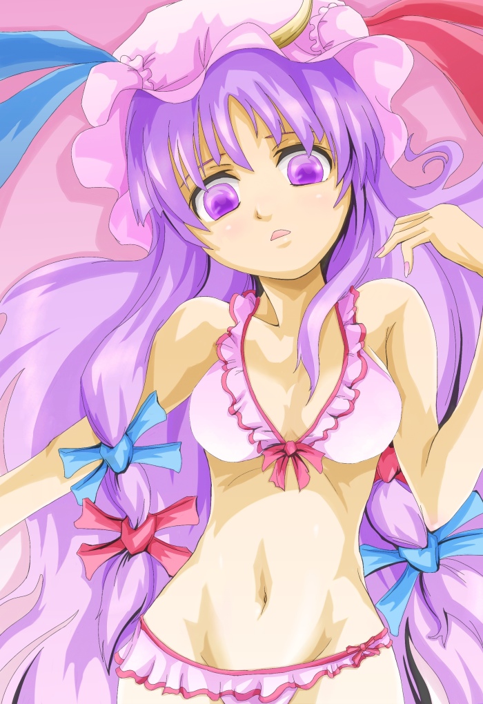 kurogane (scrapsteel), patchouli knowledge, touhou, 1girl, bikini, crescent, female focus, frilled bikini, frills, hat, long hair, lying, navel, pink bikini, purple eyes, purple hair, solo, swimsuit